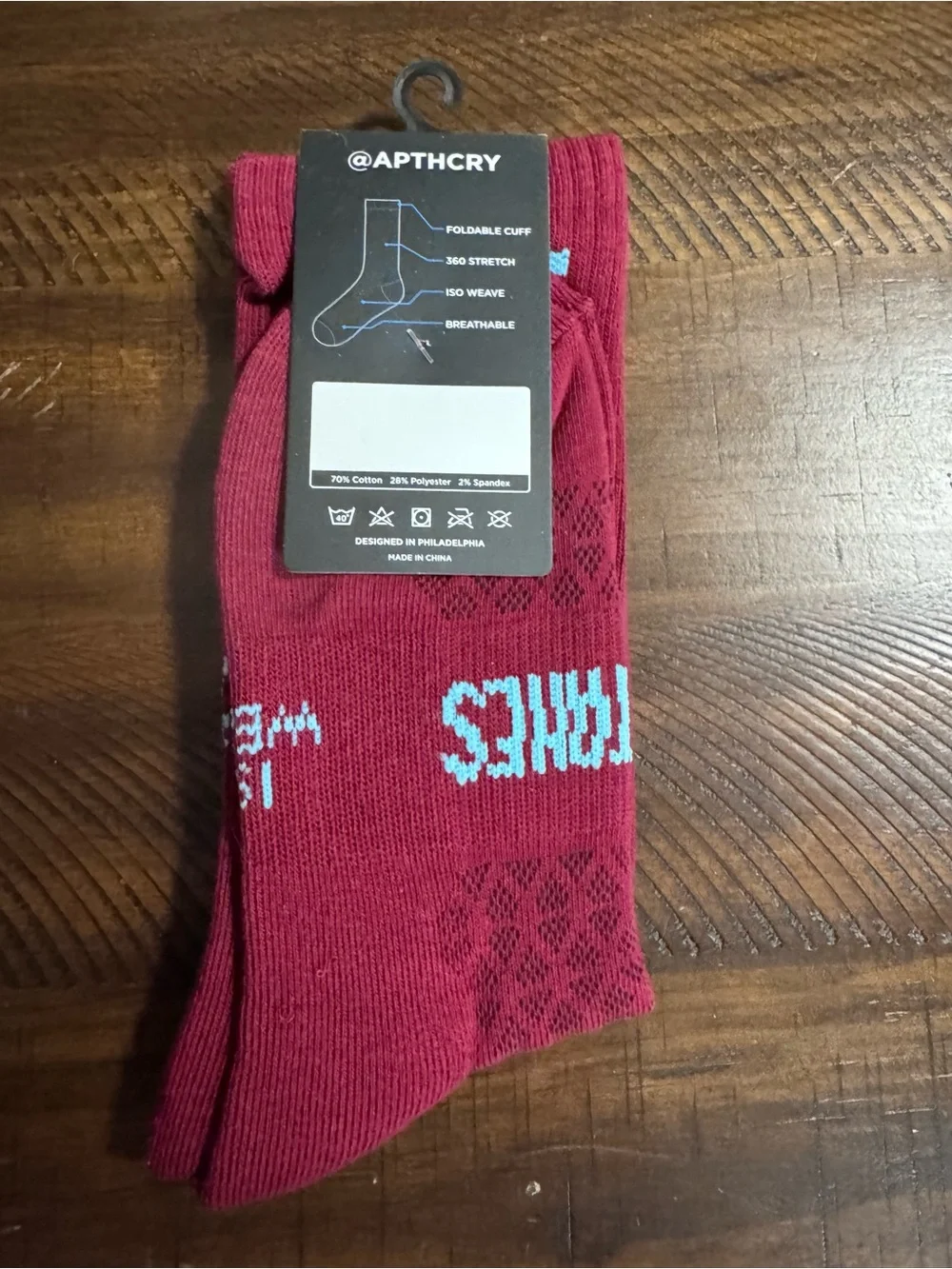 APTHCRY Men's Maroon Crew Socks with Light Blue Logo